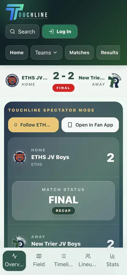 A Touchline public match page on a phone: ETHS JV Boys vs New Trier JV Boys, final score 2–2, in Spectator Mode